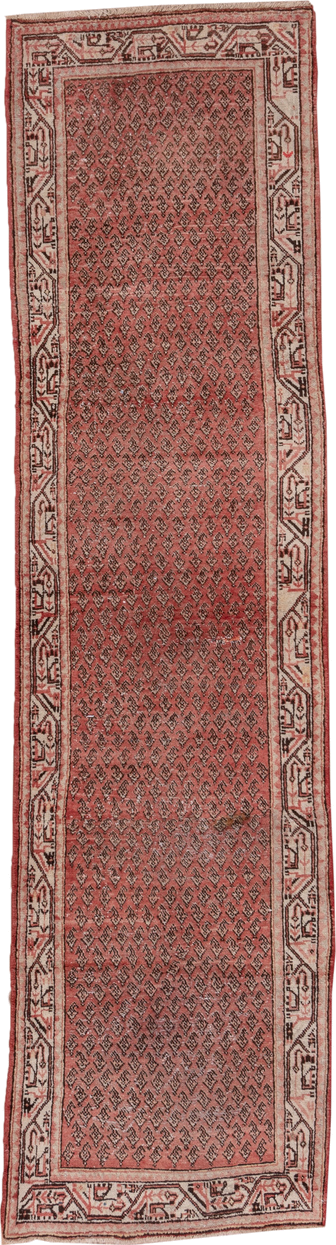 2' x 10' one-of-a-kind handmade vintage Mahal runner rug. Color palette: rose, ivory, rust, charcoal, blush, brown, pink