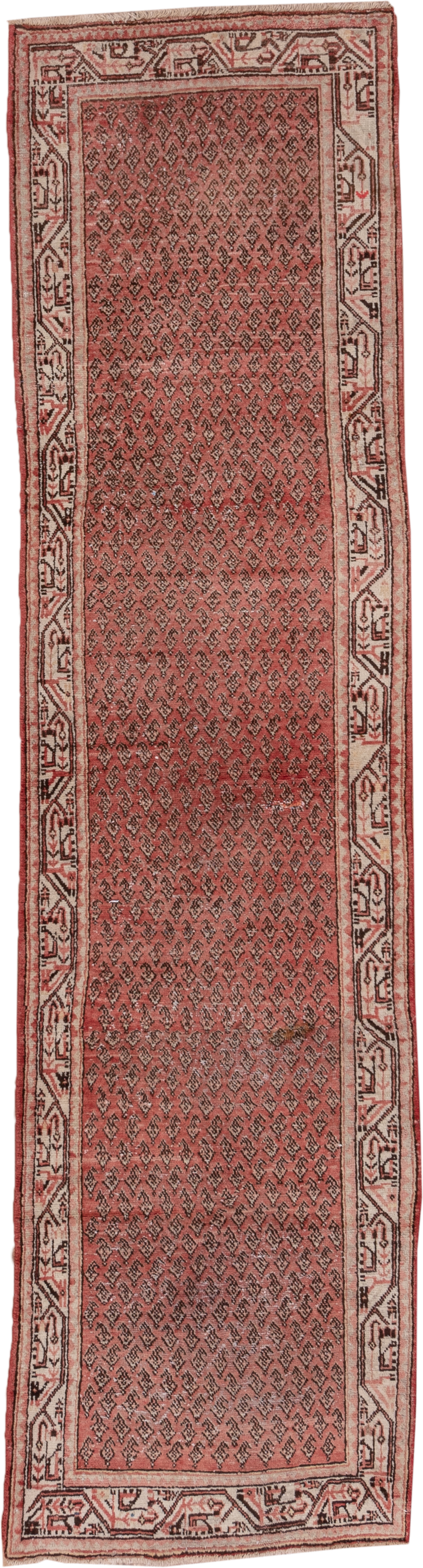 2' x 10' one-of-a-kind handmade vintage Mahal runner rug. Color palette: rose, ivory, rust, charcoal, blush, brown, pink