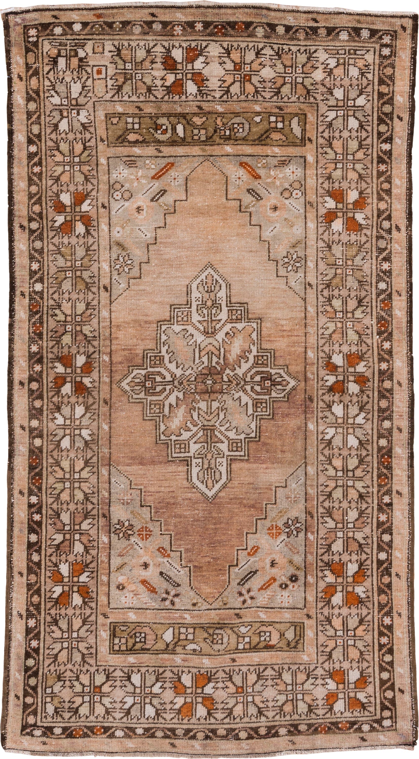 3' x 6' one-of-a-kind handmade vintage Oushak small size rug. Color palette: blush, taupe, ivory, brown, rust, camel