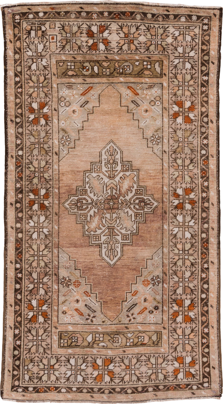 3' x 6' one-of-a-kind handmade vintage Oushak small size rug. Color palette: blush, taupe, ivory, brown, rust, camel