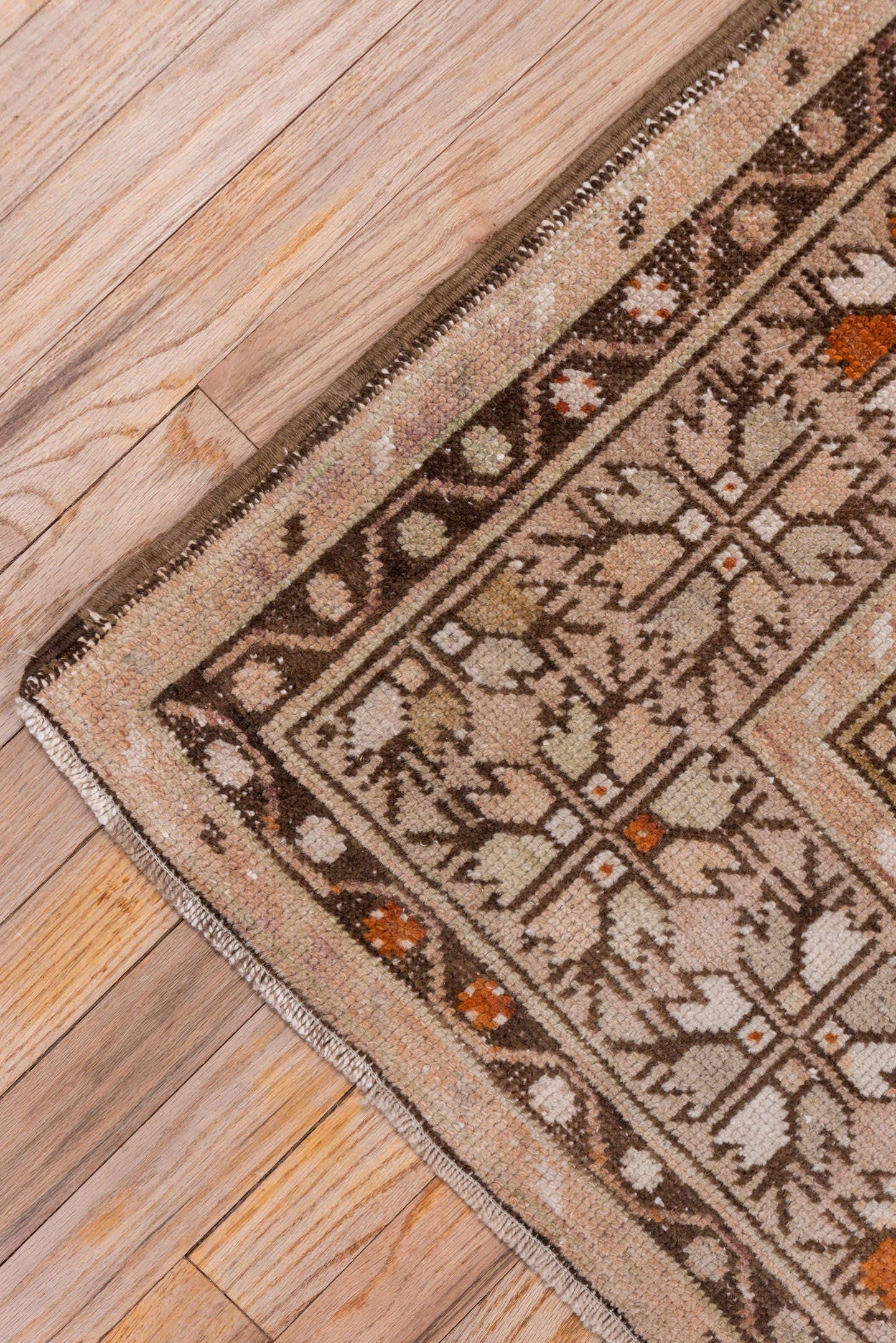 3' x 6' one-of-a-kind handmade vintage Oushak small size rug. Color palette: blush, taupe, ivory, brown, rust, camel