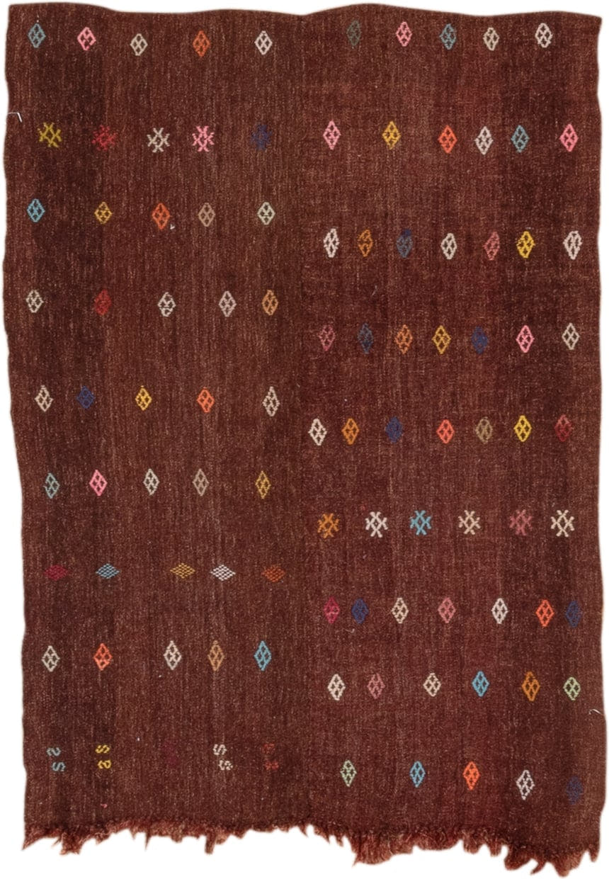 2' x 3' one-of-a-kind handmade vintage Jijim small size rug. Color palette: mahogany, rust, ivory, sky_blue, gold, coral