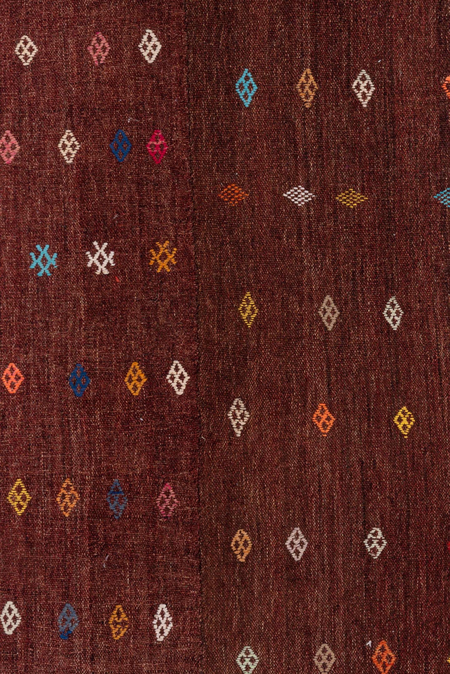 2' x 3' one-of-a-kind handmade vintage Jijim small size rug. Color palette: mahogany, rust, ivory, sky_blue, gold, coral