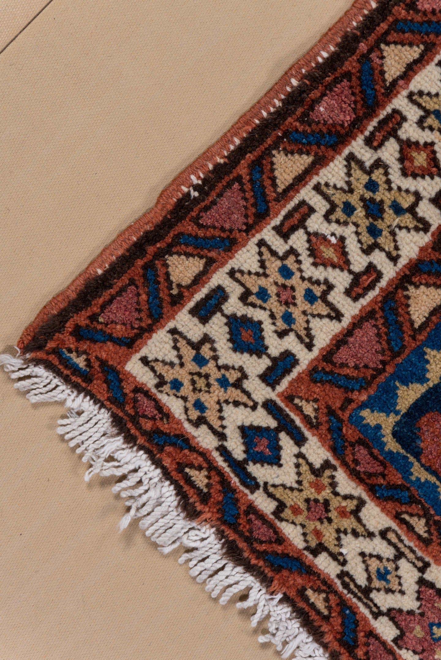 3' x 4' one-of-a-kind handmade antique Karaje small size rug. Color palette: navy, ivory, rust, cobalt, rose, camel, brown