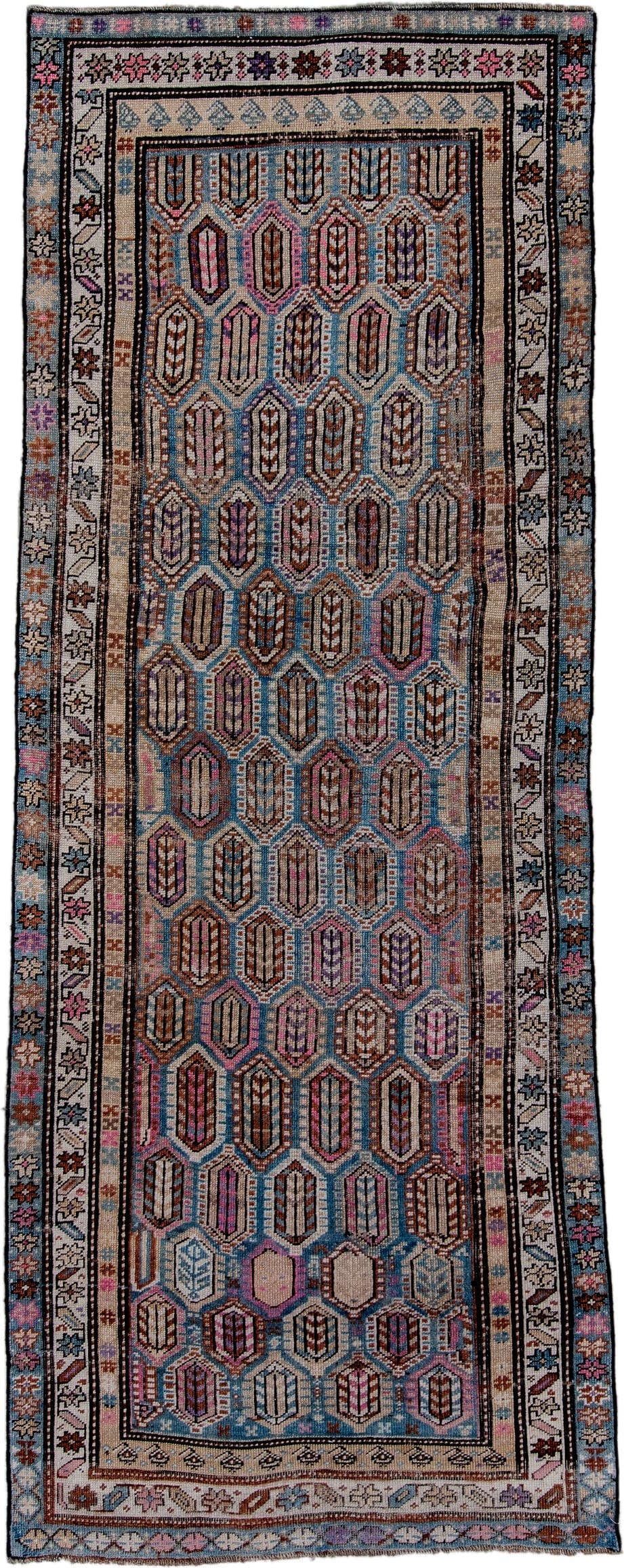 4' x 10' one-of-a-kind handmade vintage Karabagh runner rug. Color palette: sky blue, ivory, slate, taupe, brown, lavender