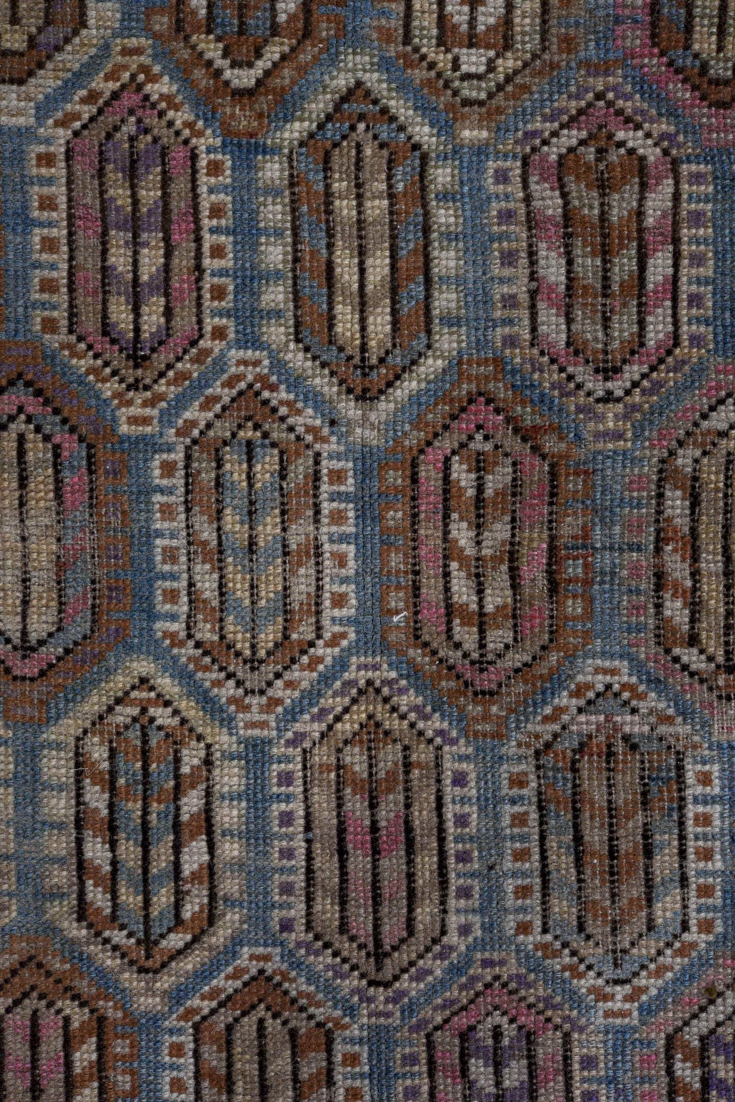 4' x 10' one-of-a-kind handmade vintage Karabagh runner rug. Color palette: sky blue, ivory, slate, taupe, brown, lavender