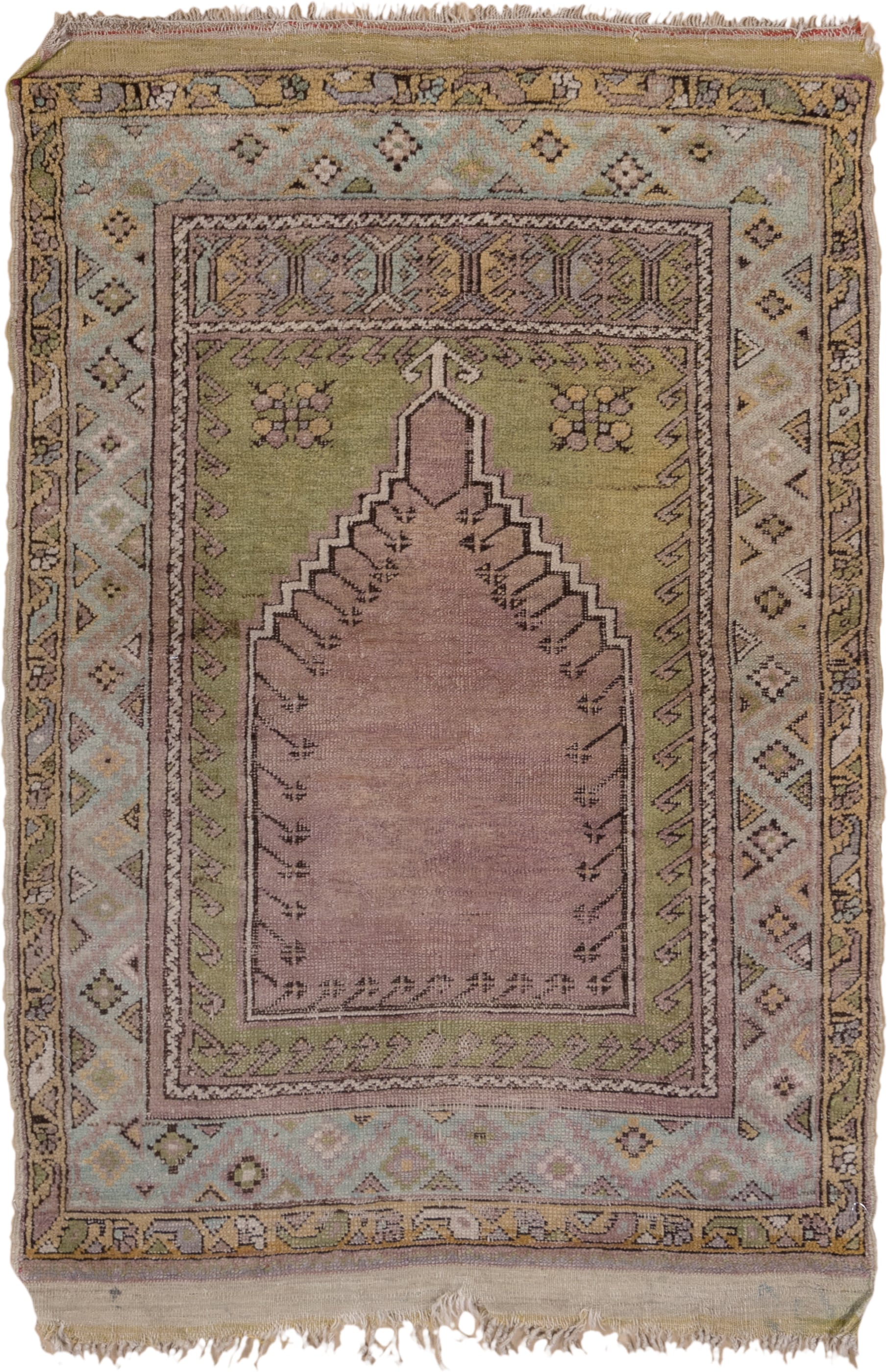 3' x 4' one-of-a-kind handmade vintage Mujjur small size rug. Color palette: rose, olive, ivory, taupe, sage, camel