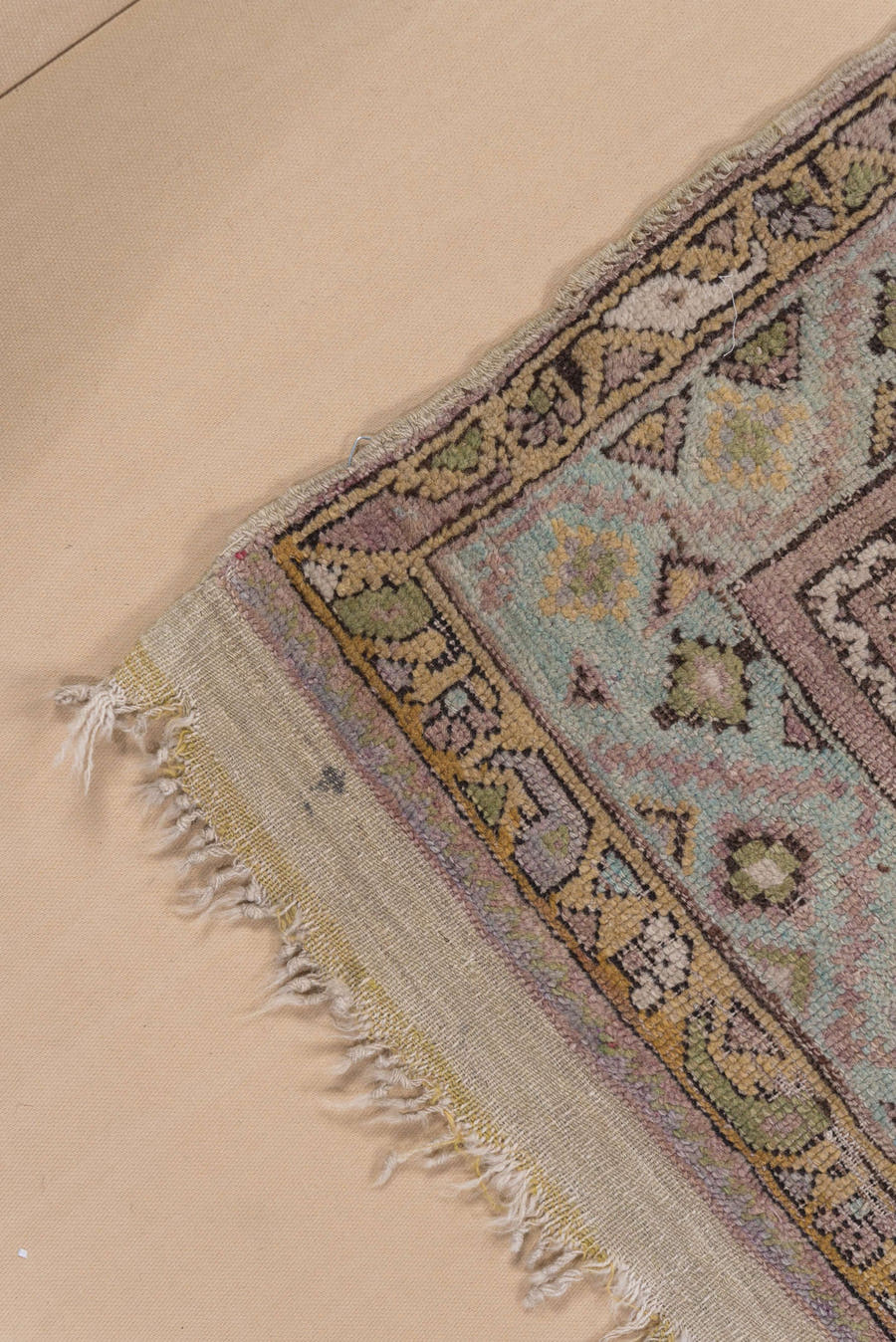 3' x 4' one-of-a-kind handmade vintage Mujjur small size rug. Color palette: rose, olive, ivory, taupe, sage, camel