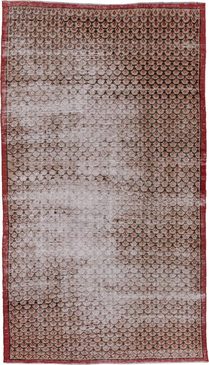 4' x 7' one-of-a-kind handmade vintage Oushak rug. Color palette: ivory, rust, charcoal, taupe, camel, terracotta, brown