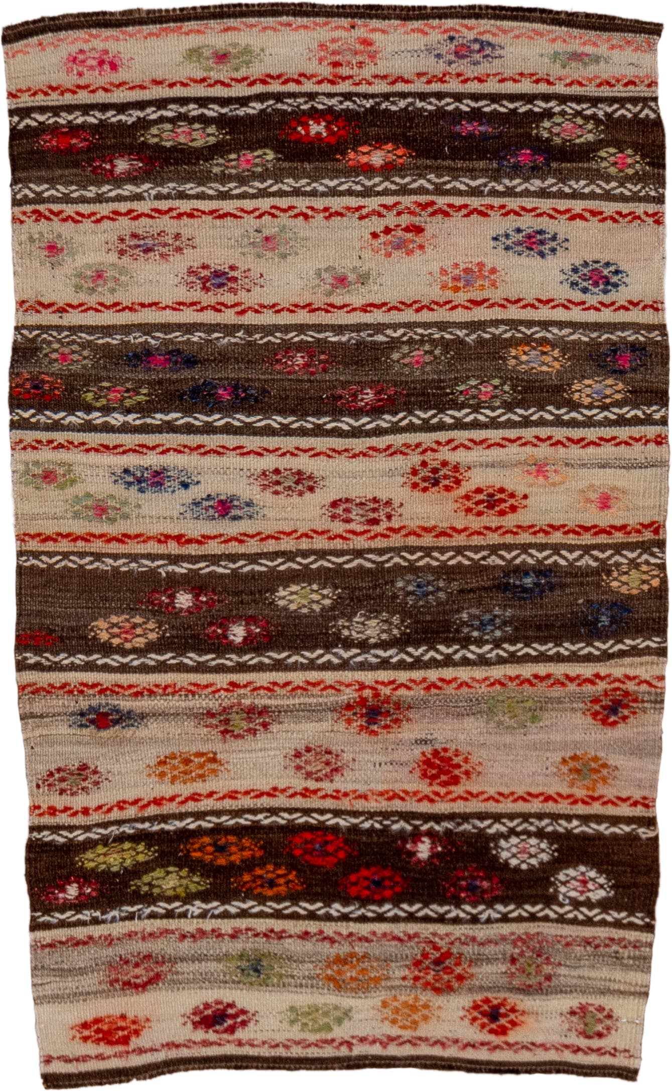 2' x 3' one-of-a-kind handmade vintage Jijim small size rug. Color palette: ivory, brown, rust, crimson, blue, olive, orange