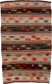 2' x 3' one-of-a-kind handmade vintage Jijim small size rug. Color palette: ivory, brown, rust, crimson, blue, olive, orange