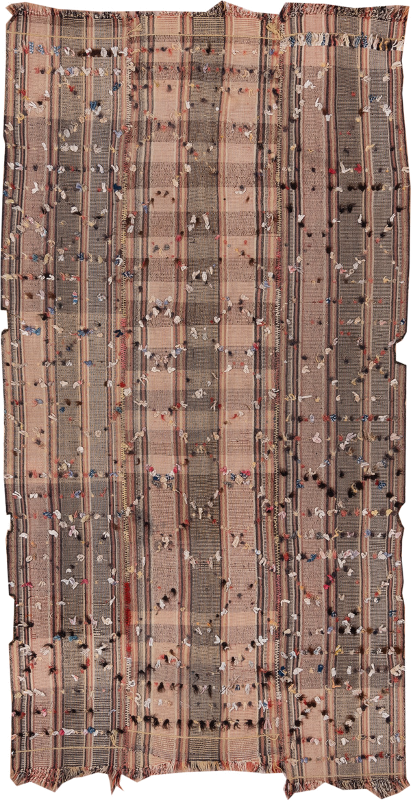 5' x 9' one-of-a-kind handmade vintage Kilim medium size rug. Color palette: taupe, brown, blush, charcoal, ivory, rust