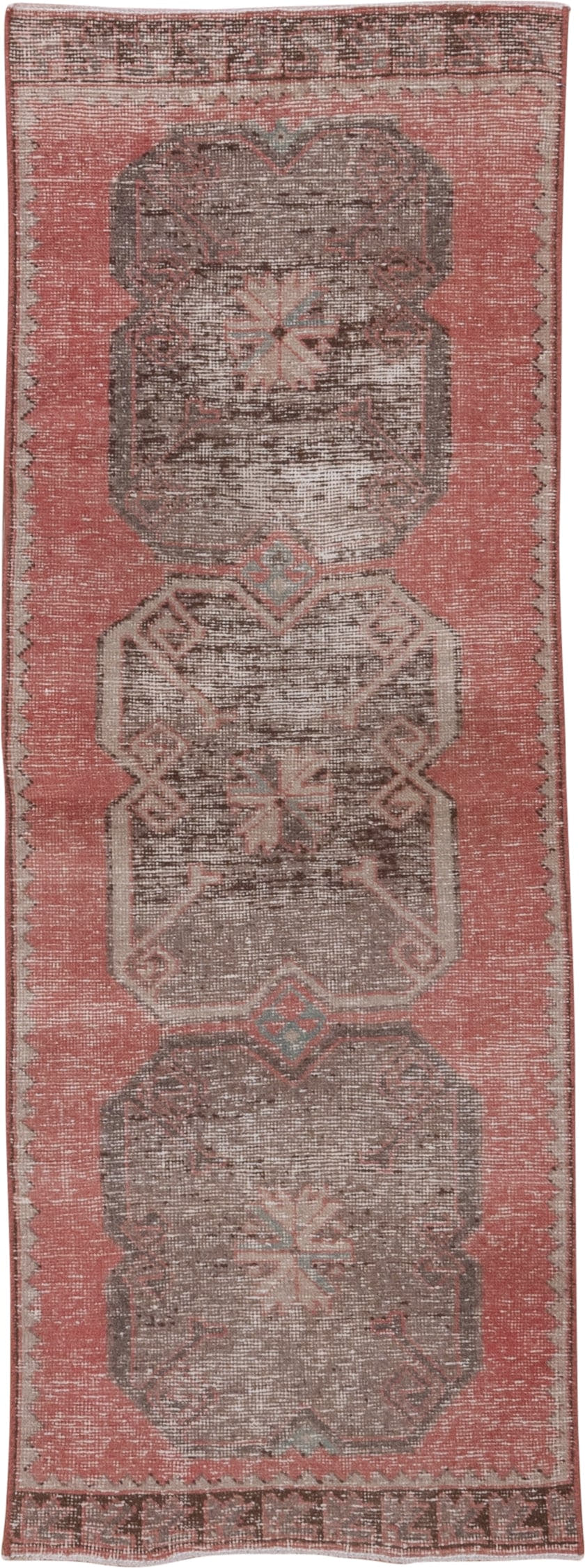 2' x 7' one-of-a-kind handmade vintage Oushak runner rug. Color palette: rose, taupe, ivory, dusty coral, brown, sage, pink