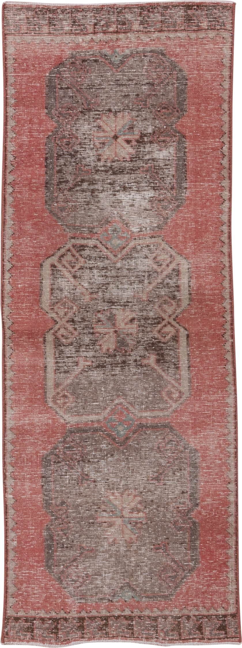 2' x 7' one-of-a-kind handmade vintage Oushak runner rug. Color palette: rose, taupe, ivory, dusty coral, brown, sage, pink
