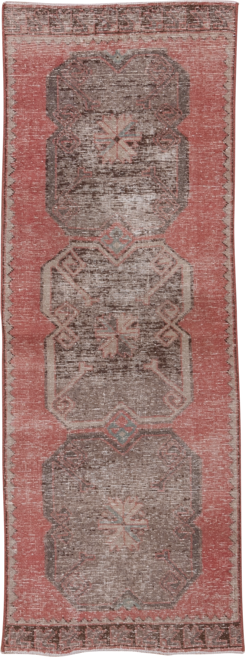 2' x 7' one-of-a-kind handmade vintage Oushak runner rug. Color palette: rose, taupe, ivory, dusty coral, brown, sage, pink