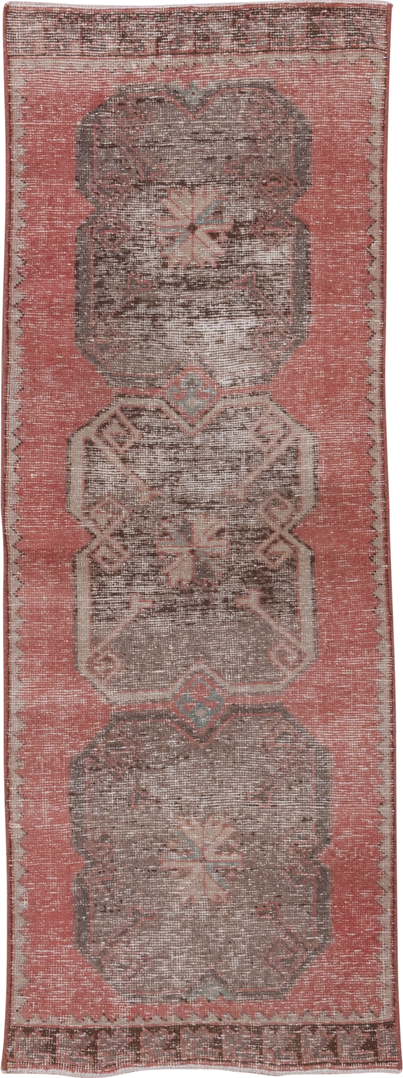 2' x 7' one-of-a-kind handmade vintage Oushak runner rug. Color palette: rose, taupe, ivory, dusty coral, brown, sage, pink