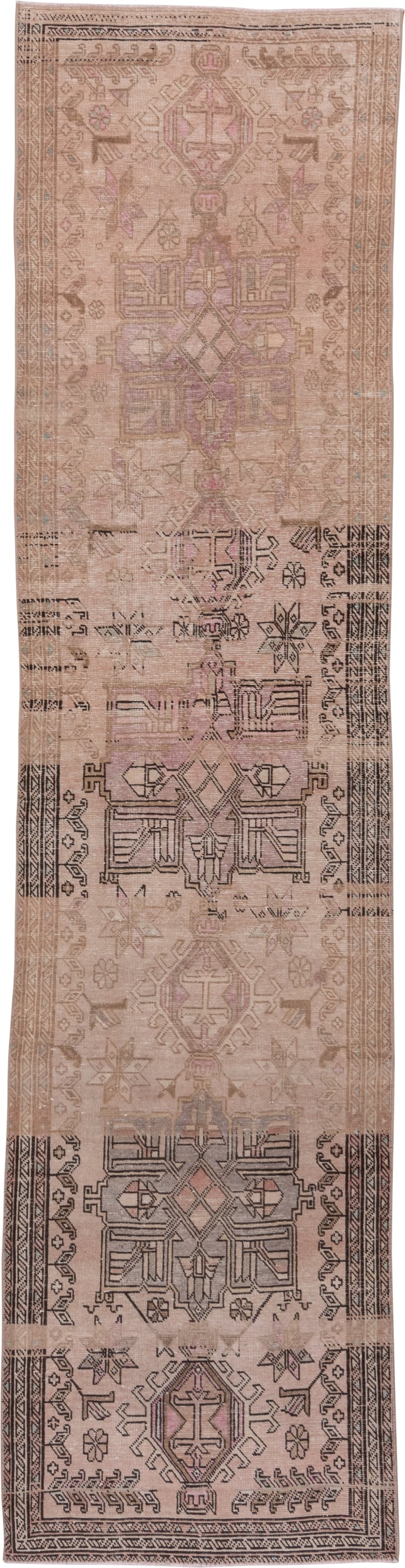 3' x 12' one-of-a-kind handmade vintage Heriz runner rug. Color palette: blush, taupe, charcoal, dusty rose, beige, brown