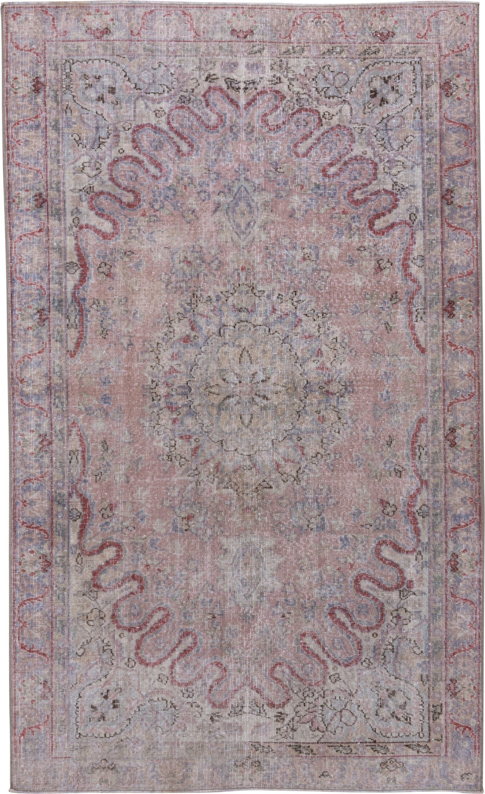 5' x 8' one-of-a-kind handmade vintage Oushak medium size rug. Color palette: blush, ivory, taupe, dusty rose, slate, sage