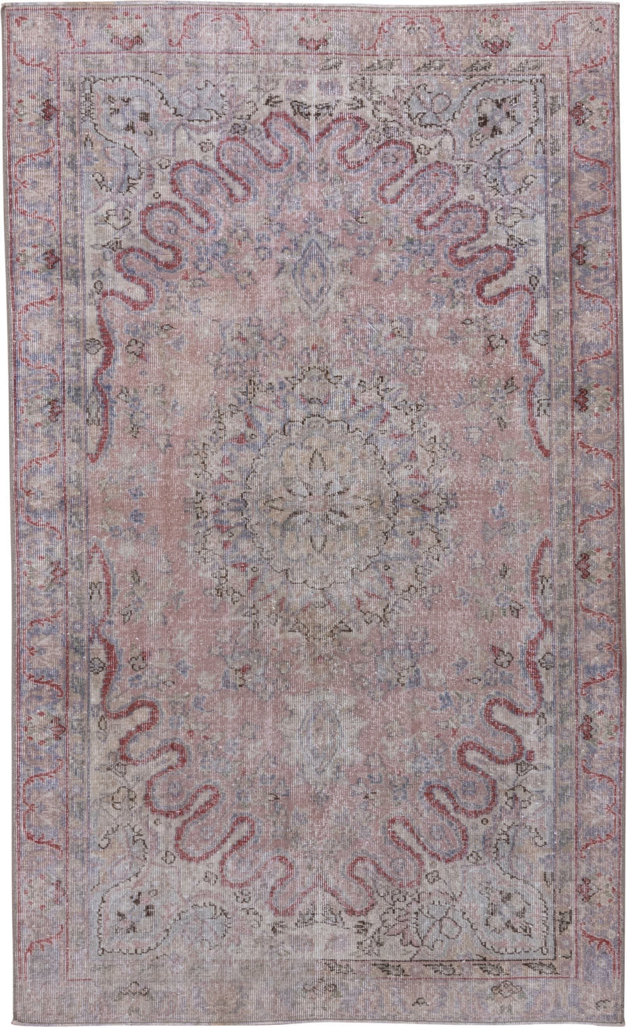 5' x 8' one-of-a-kind handmade vintage Oushak medium size rug. Color palette: blush, ivory, taupe, dusty rose, slate, sage