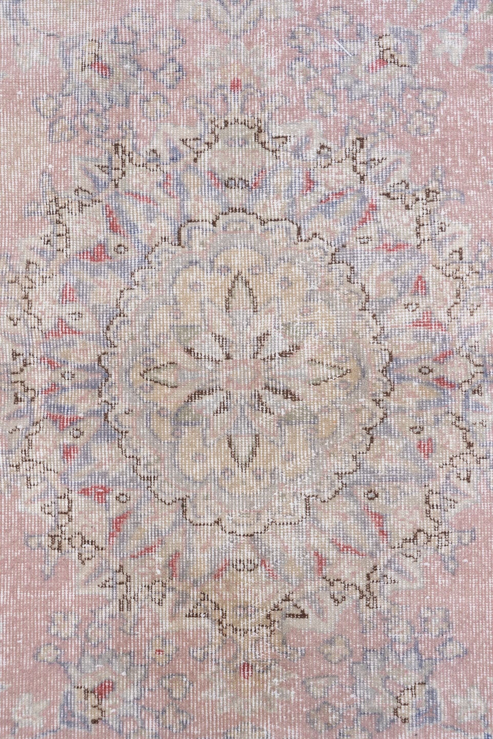 5' x 8' one-of-a-kind handmade vintage Oushak medium size rug. Color palette: blush, ivory, taupe, dusty rose, slate, sage