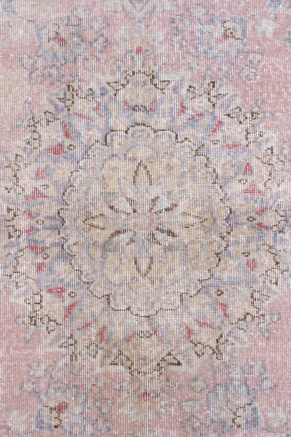 5' x 8' one-of-a-kind handmade vintage Oushak medium size rug. Color palette: blush, ivory, taupe, dusty rose, slate, sage