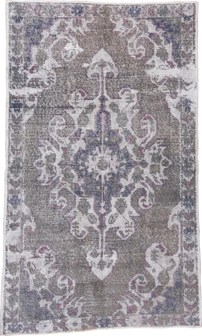 4' x 7' one-of-a-kind handmade vintage Oushak rug. Color palette: taupe, ivory, slate, lavender, rose, charcoal, beige, gray