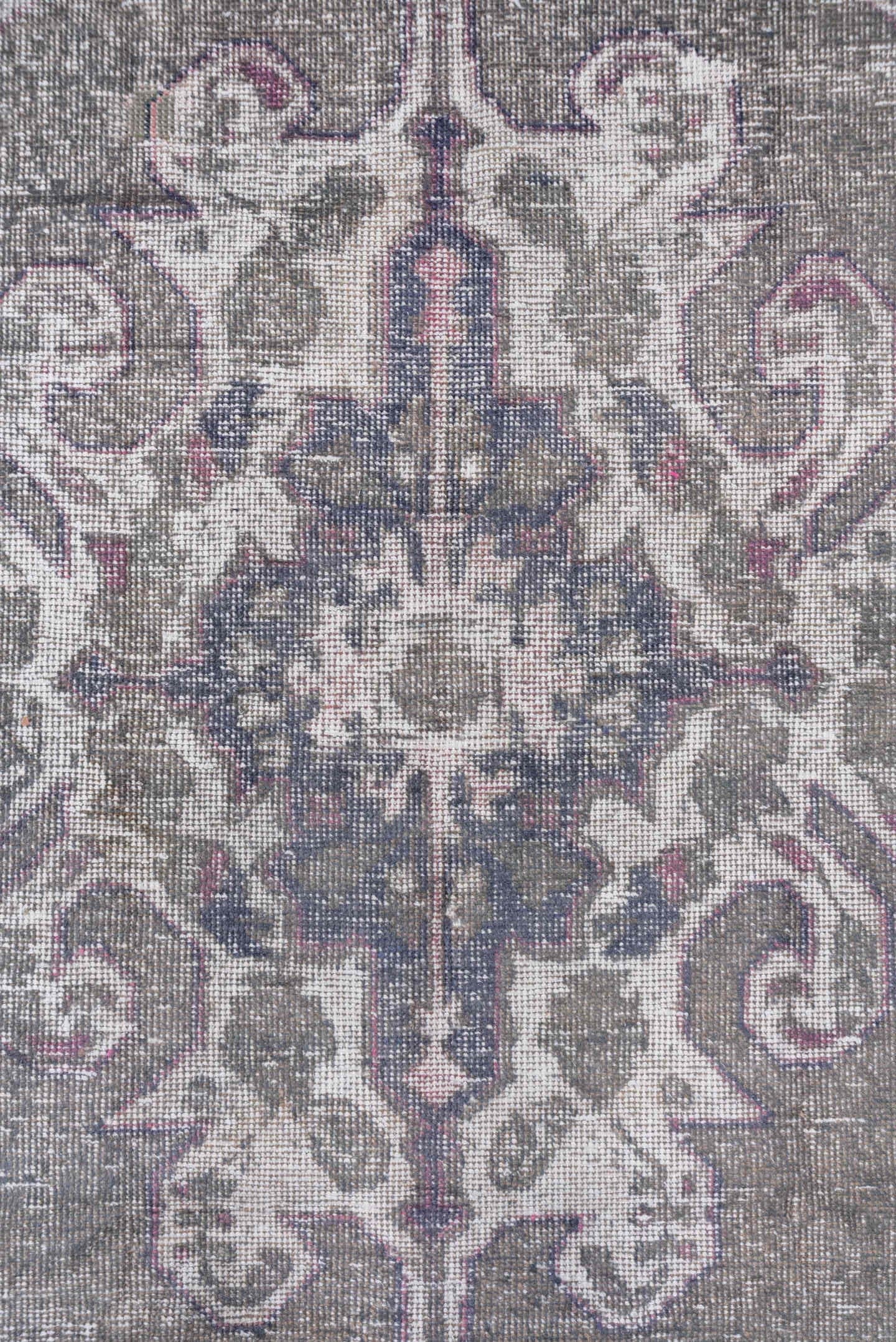 4' x 7' one-of-a-kind handmade vintage Oushak rug. Color palette: taupe, ivory, slate, lavender, rose, charcoal, beige, gray