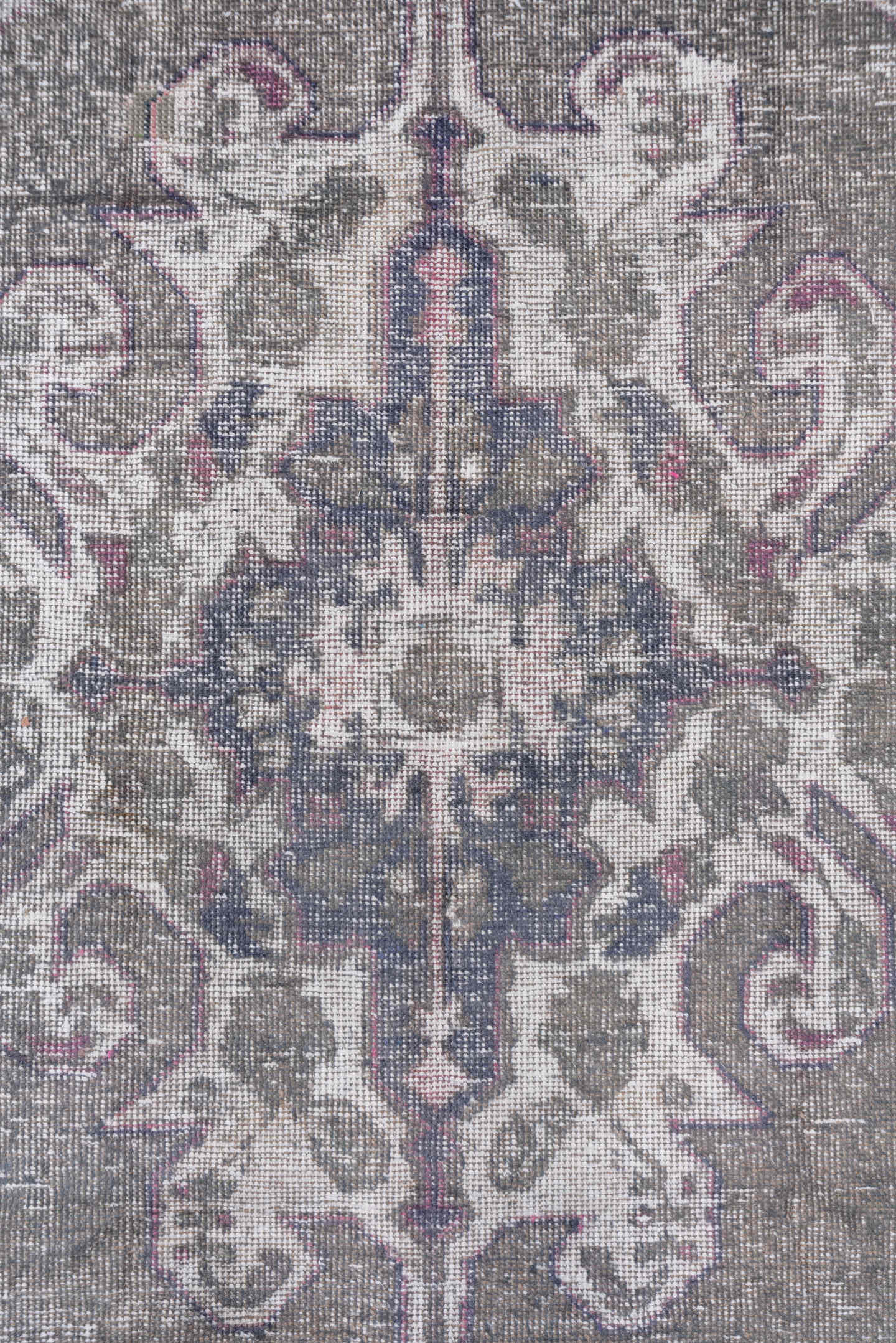 4' x 7' one-of-a-kind handmade vintage Oushak rug. Color palette: taupe, ivory, slate, lavender, rose, charcoal, beige, gray