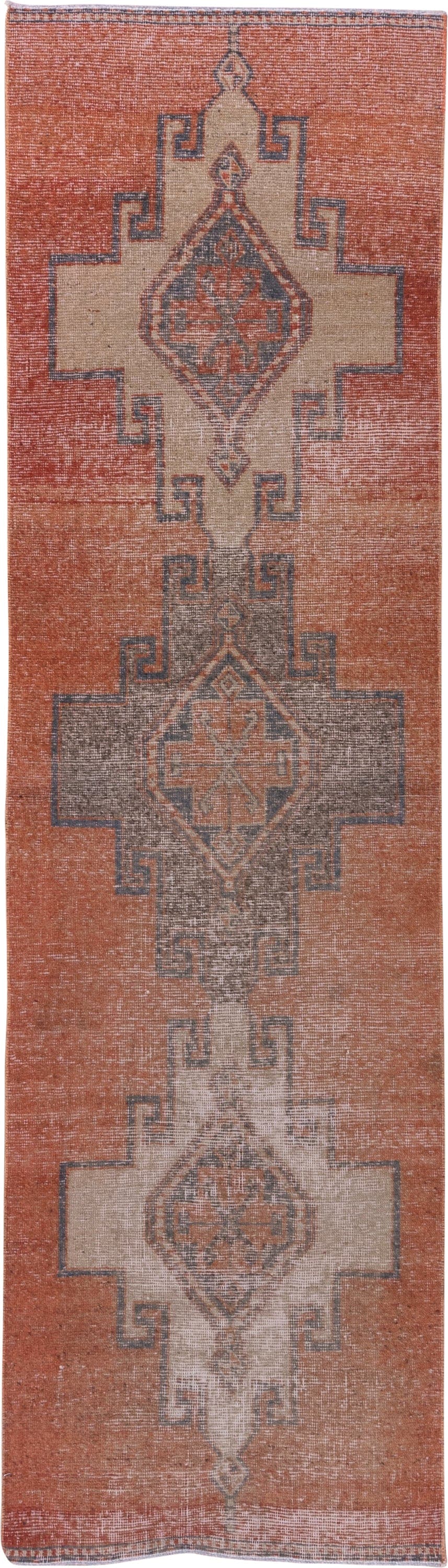 3' x 10' one-of-a-kind handmade vintage Oushak runner rug. Color palette: terra cotta, ivory, charcoal, taupe, rose