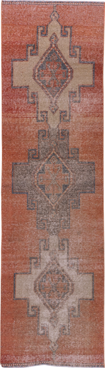 3' x 10' one-of-a-kind handmade vintage Oushak runner rug. Color palette: brown, gray, light gray, pink