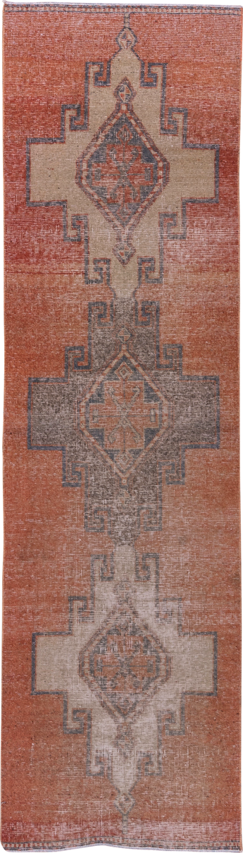 3' x 10' one-of-a-kind handmade vintage Oushak runner rug. Color palette: terra cotta, ivory, charcoal, taupe, rose