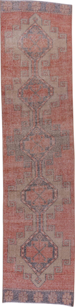 2' x 11' one-of-a-kind handmade vintage Oushak runner rug. Color palette: brown, gray, off-white, pink, red, snow, white