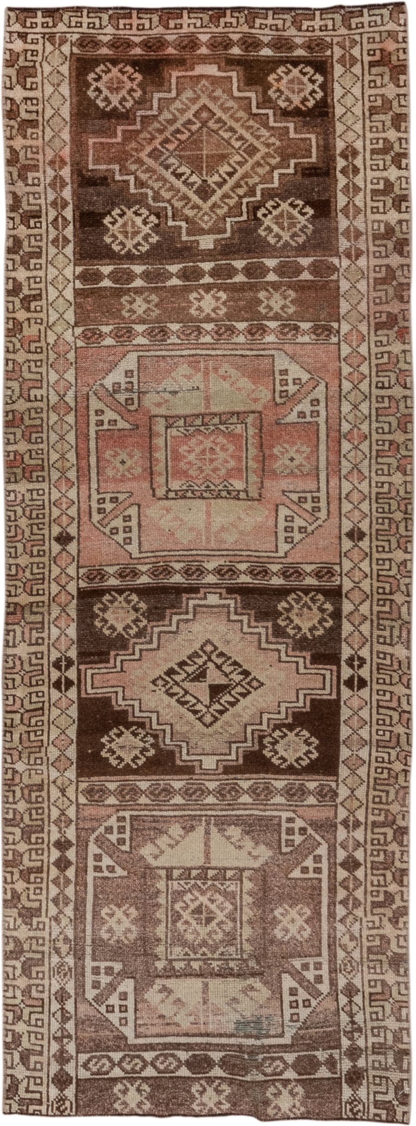 2' x 7' one-of-a-kind handmade vintage Oushak runner rug. Color palette: brown, ivory, taupe, blush, camel, rose, beige