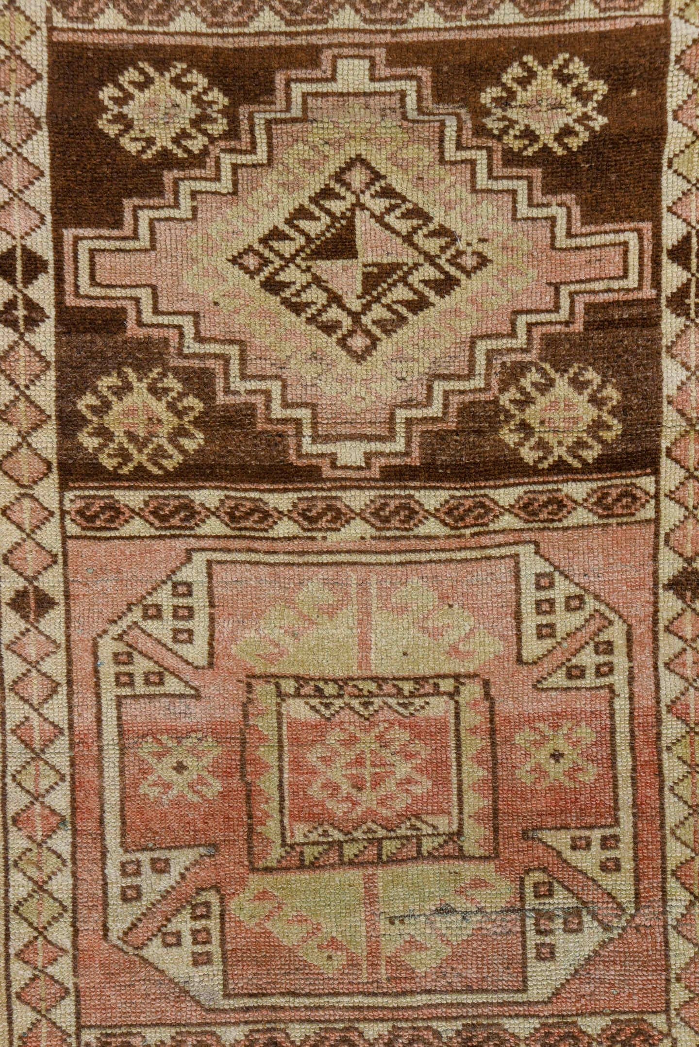 2' x 7' one-of-a-kind handmade vintage Oushak runner rug. Color palette: brown, ivory, taupe, blush, camel, rose, beige
