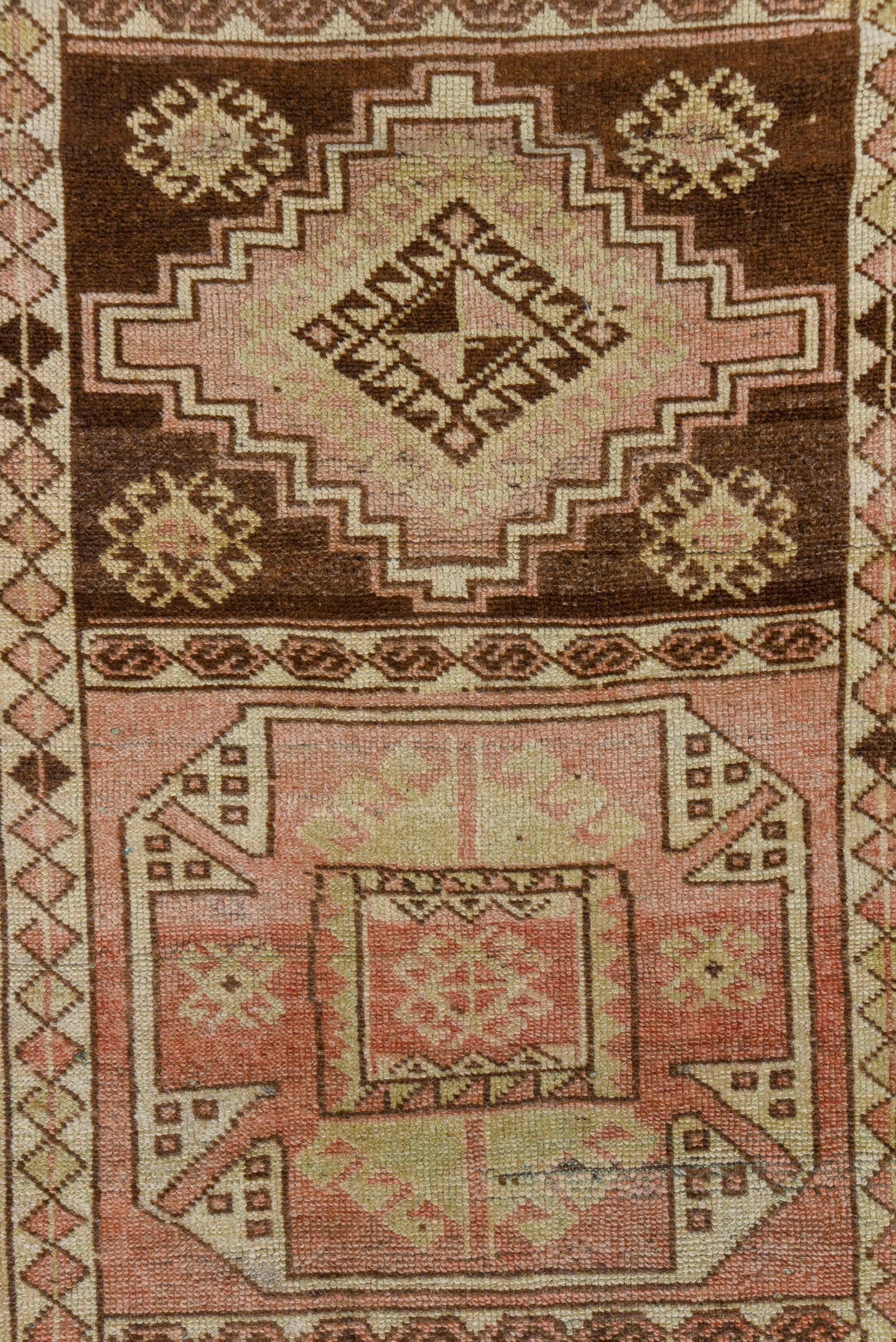 2' x 7' one-of-a-kind handmade vintage Oushak runner rug. Color palette: brown, ivory, taupe, blush, camel, rose, beige