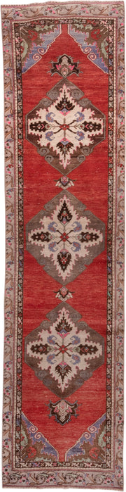 2' x 10' one-of-a-kind handmade vintage Oushak runner rug. Color palette: rust, taupe, ivory, brown, lavender, rose