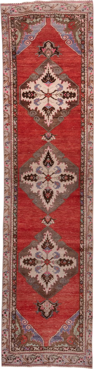 2' x 10' one-of-a-kind handmade vintage Oushak runner rug. Color palette: rust, taupe, ivory, brown, lavender, rose