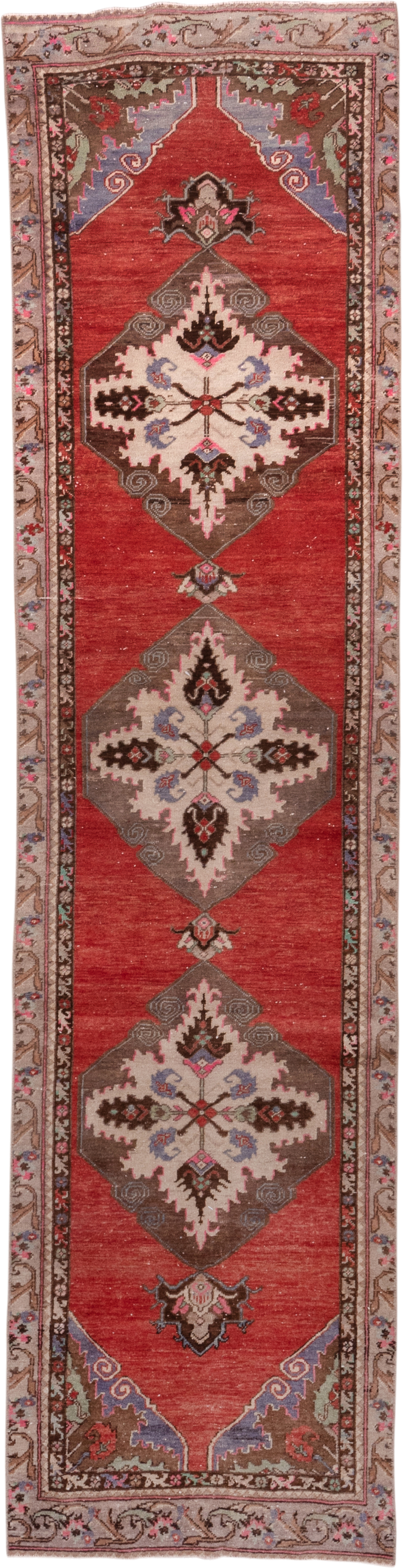 2' x 10' one-of-a-kind handmade vintage Oushak runner rug. Color palette: rust, taupe, ivory, brown, lavender, rose