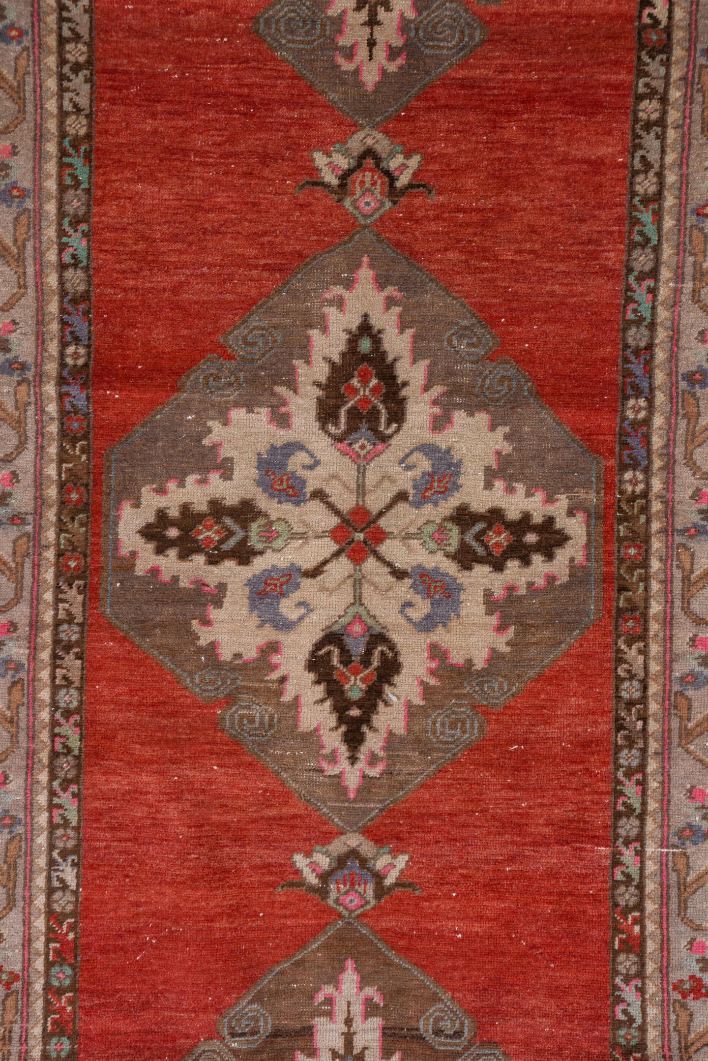 2' x 10' one-of-a-kind handmade vintage Oushak runner rug. Color palette: rust, taupe, ivory, brown, lavender, rose