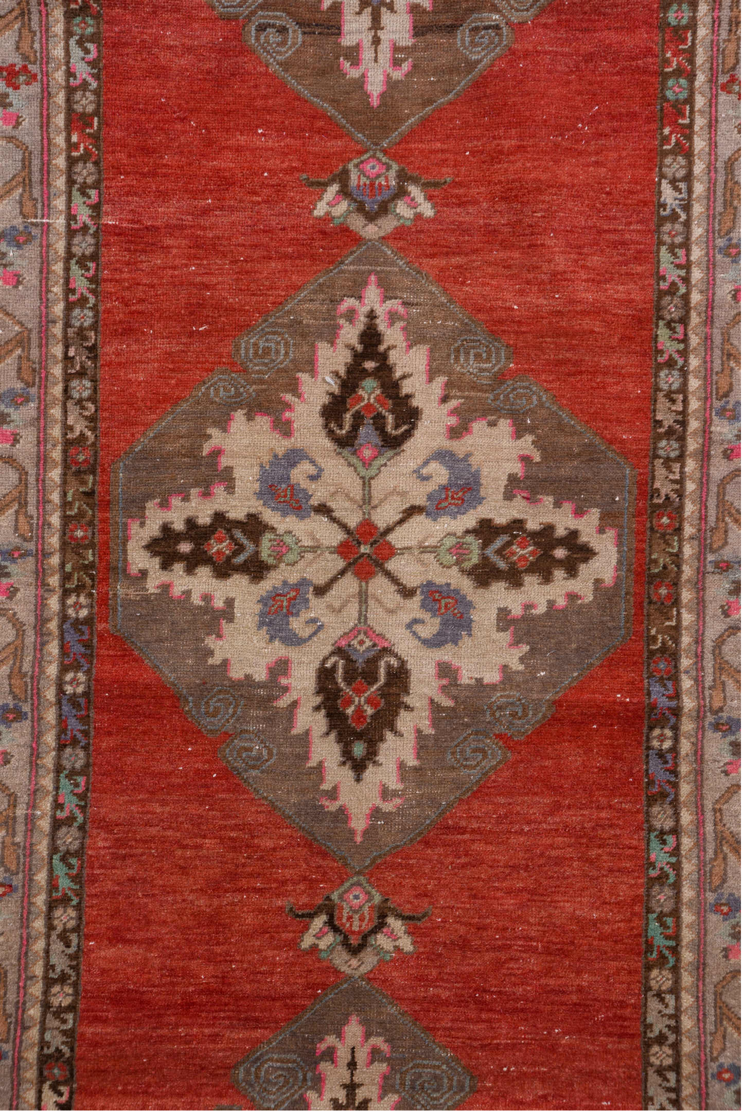 2' x 10' one-of-a-kind handmade vintage Oushak runner rug. Color palette: rust, taupe, ivory, brown, lavender, rose