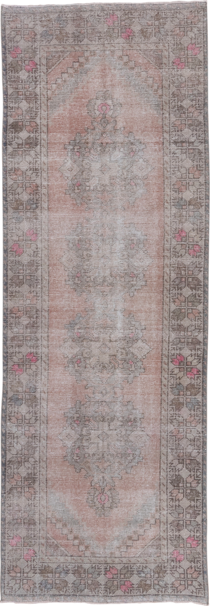 3' x 9' one-of-a-kind handmade vintage Oushak runner rug. Color palette: taupe, blush, ivory, rose, gray, brown, beige, pink