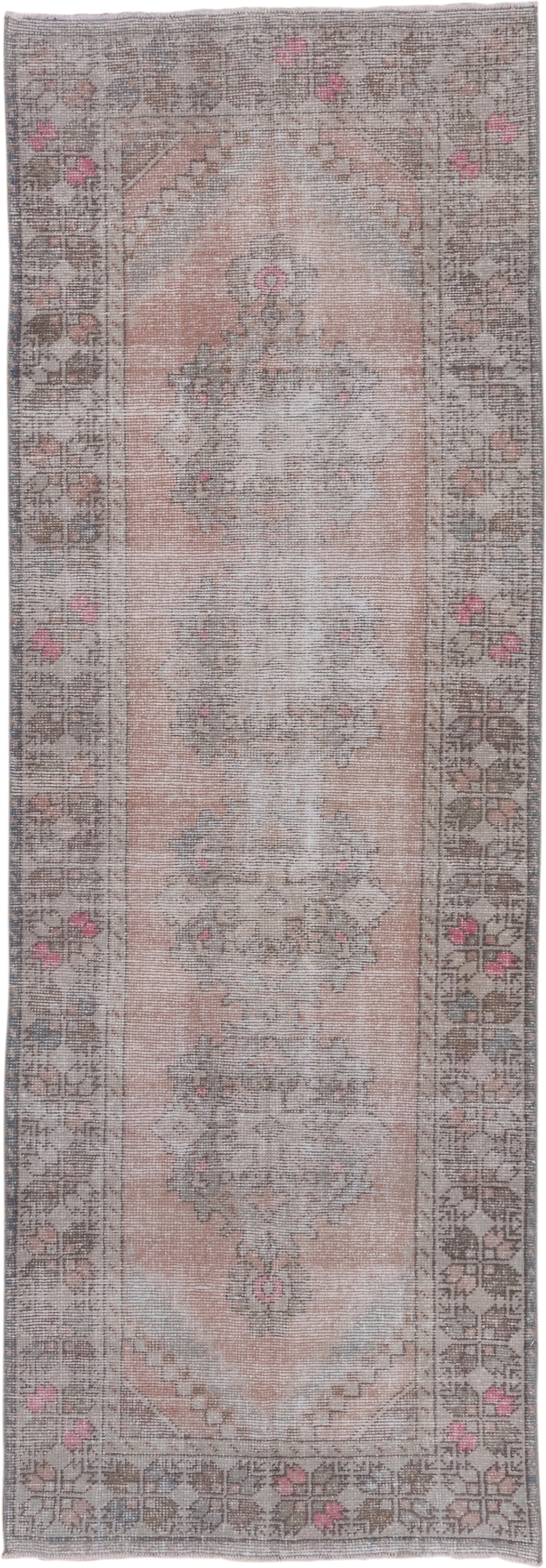 3' x 9' one-of-a-kind handmade vintage Oushak runner rug. Color palette: taupe, blush, ivory, rose, gray, brown, beige, pink