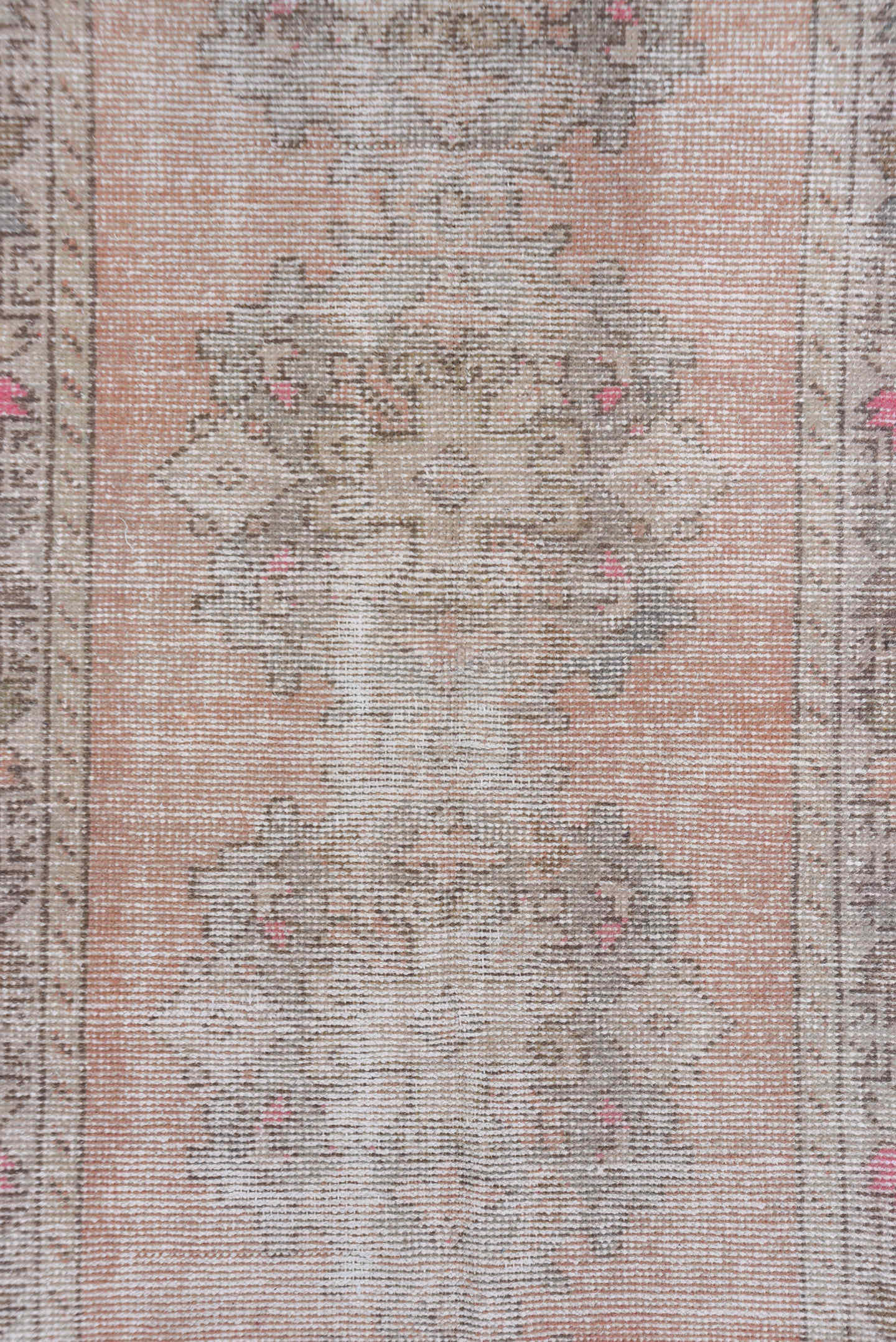 3' x 9' one-of-a-kind handmade vintage Oushak runner rug. Color palette: taupe, blush, ivory, rose, gray, brown, beige, pink