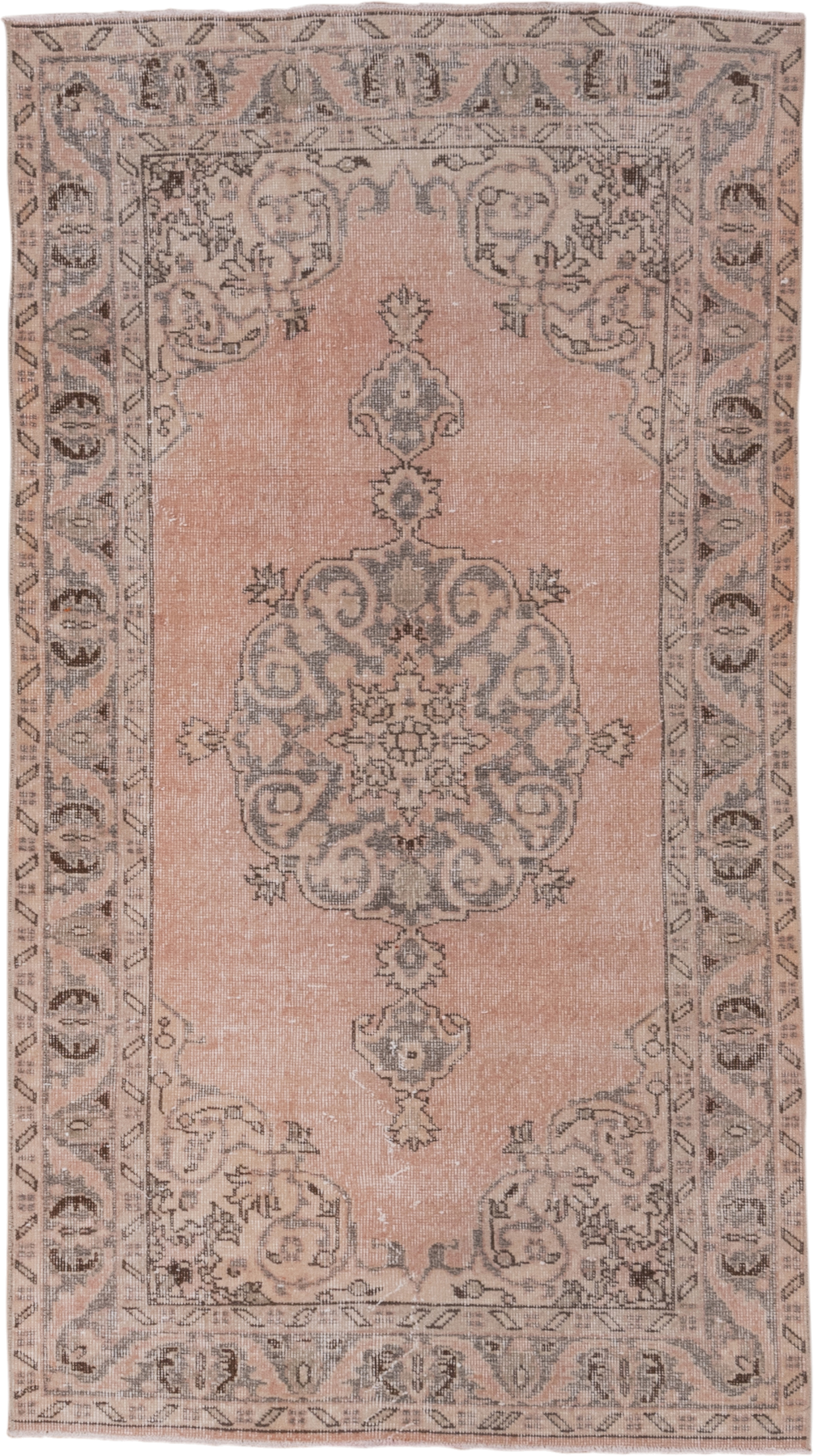 3' x 6' one-of-a-kind handmade vintage Oushak small size rug. Color palette: blush, taupe, gray, ivory, charcoal, pink