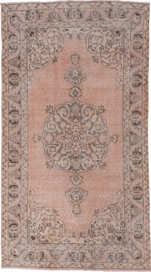 3' x 6' one-of-a-kind handmade vintage Oushak small size rug. Color palette: blush, taupe, gray, ivory, charcoal, pink