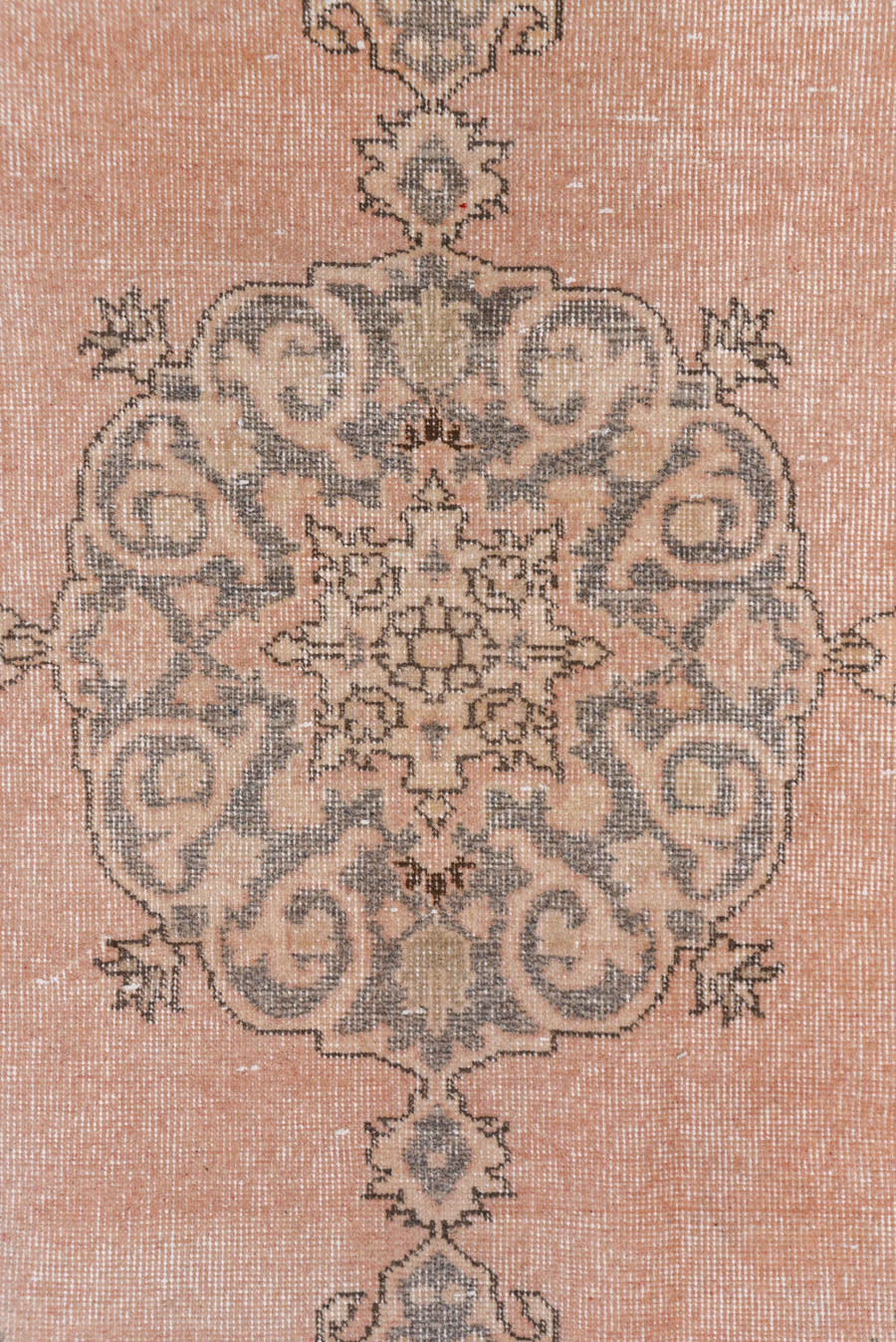 3' x 6' one-of-a-kind handmade vintage Oushak small size rug. Color palette: blush, taupe, gray, ivory, charcoal, pink