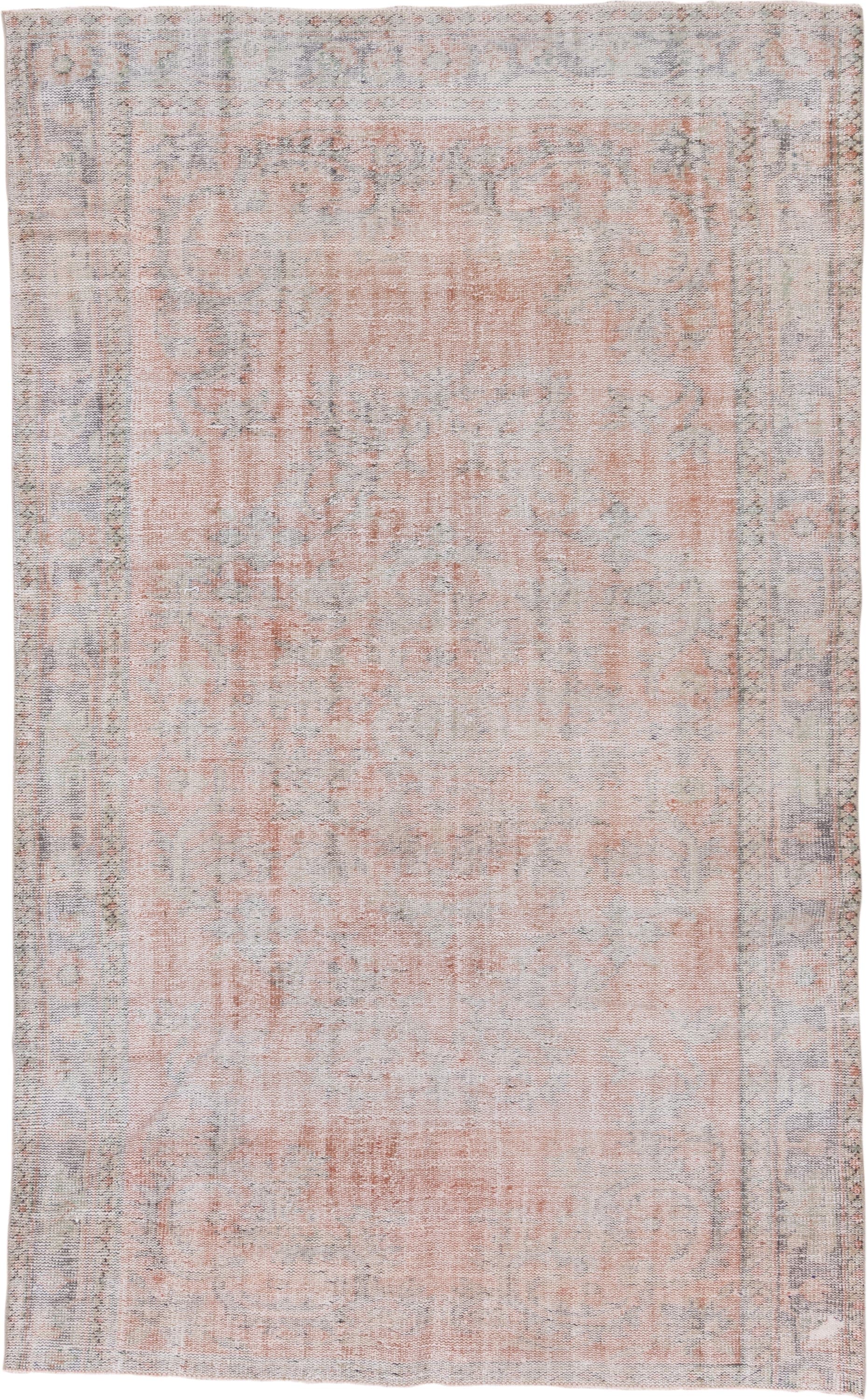 6' x 9' one-of-a-kind handmade vintage Oushak medium size rug. Color palette: blush, ivory, silver, taupe, pale gray, peach
