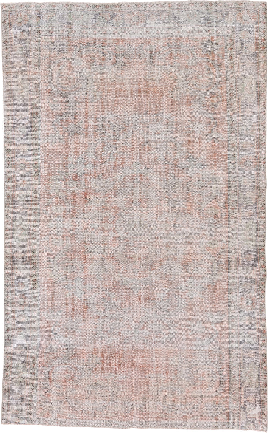 6' x 9' one-of-a-kind handmade vintage Oushak medium size rug. Color palette: blush, ivory, silver, taupe, pale gray, peach