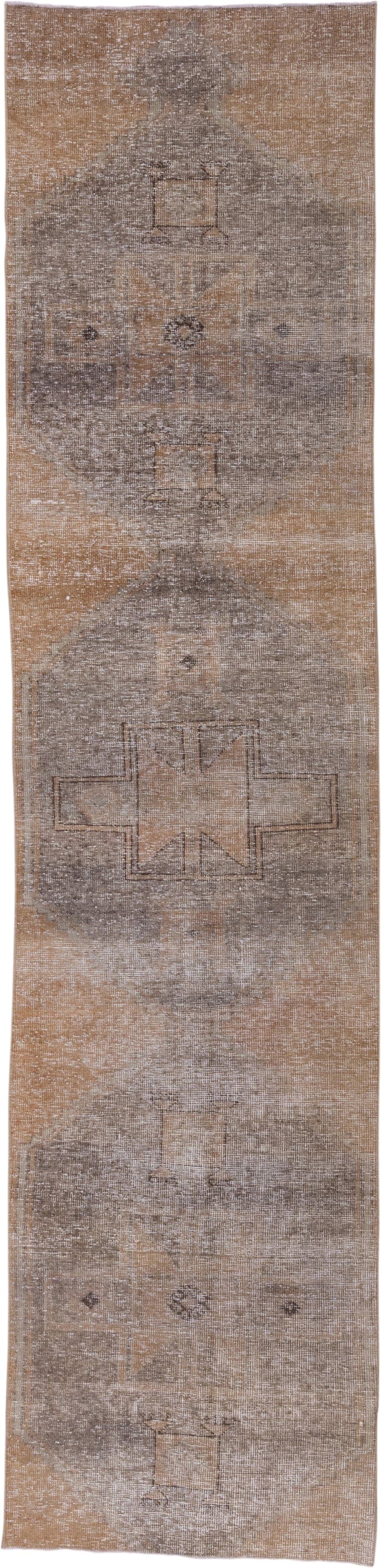 3' x 12' one-of-a-kind handmade vintage Oushak runner rug. Color palette: taupe, camel, beige, ivory, greige, gray