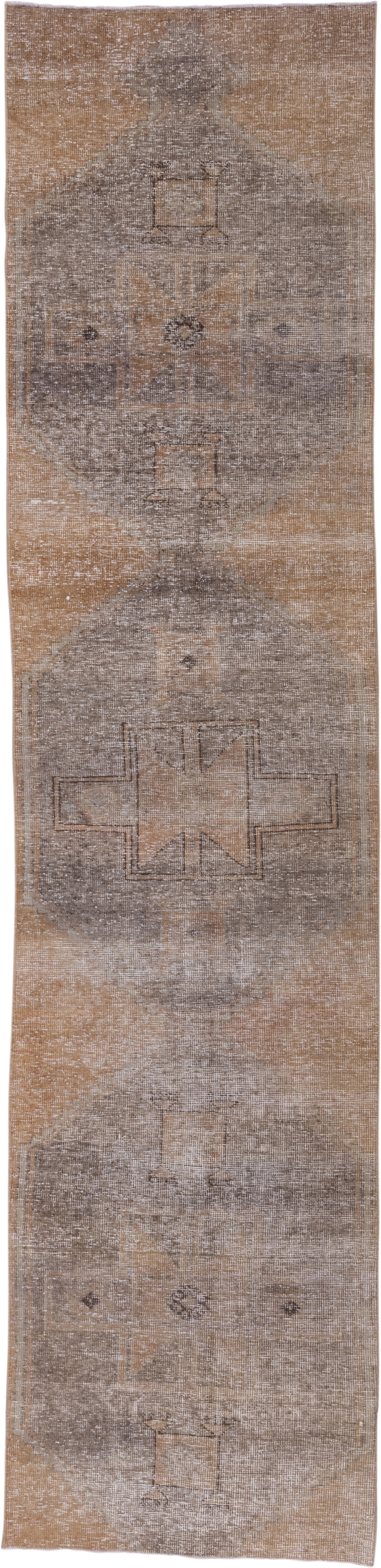 3' x 12' one-of-a-kind handmade vintage Oushak runner rug. Color palette: taupe, camel, beige, ivory, greige, gray